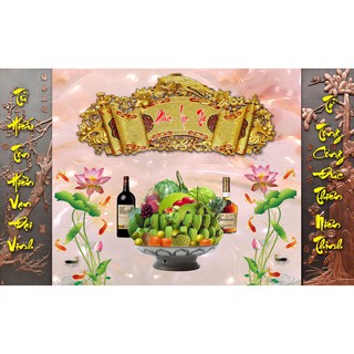 Tranh dán tường 3D phòng thờ - tranh ban thờ mâm ngũ quả đẹp - vải lụa kim tuyến