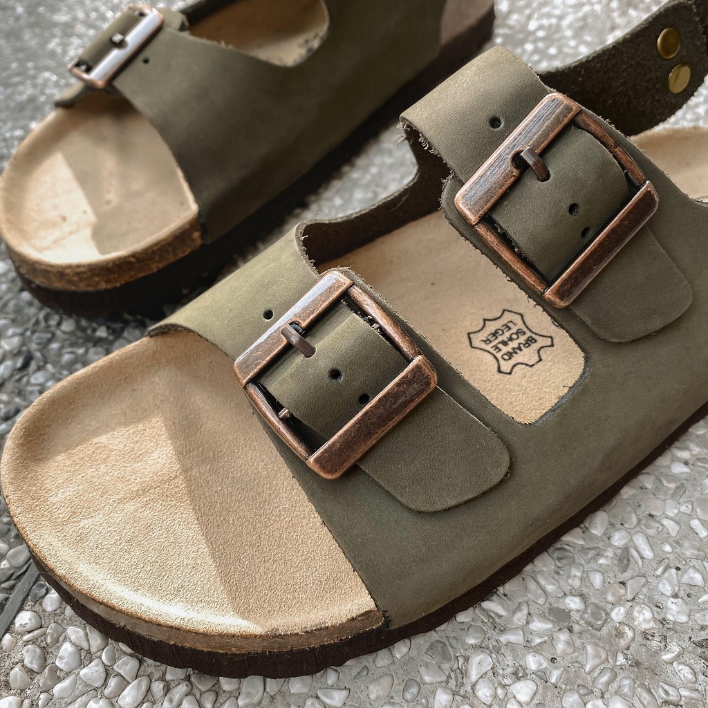 Sandals nam nữ unisex đế trấu da thật Lacda LSB08 màu Nâu đậm, Xanh than