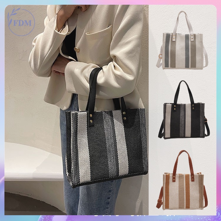 Túi Tote Canvas Họa Tiết Kẻ Sọc Đơn Giản Sức Chứa Lớn A4 14-Inch Có 3 Màu Thời Trang Tùy Chọn Cho Nữ