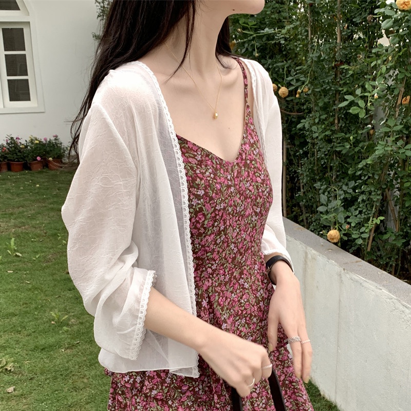 Áo khoác voan mỏng dáng rộng phối ren thời trang đi biển dành cho nữ