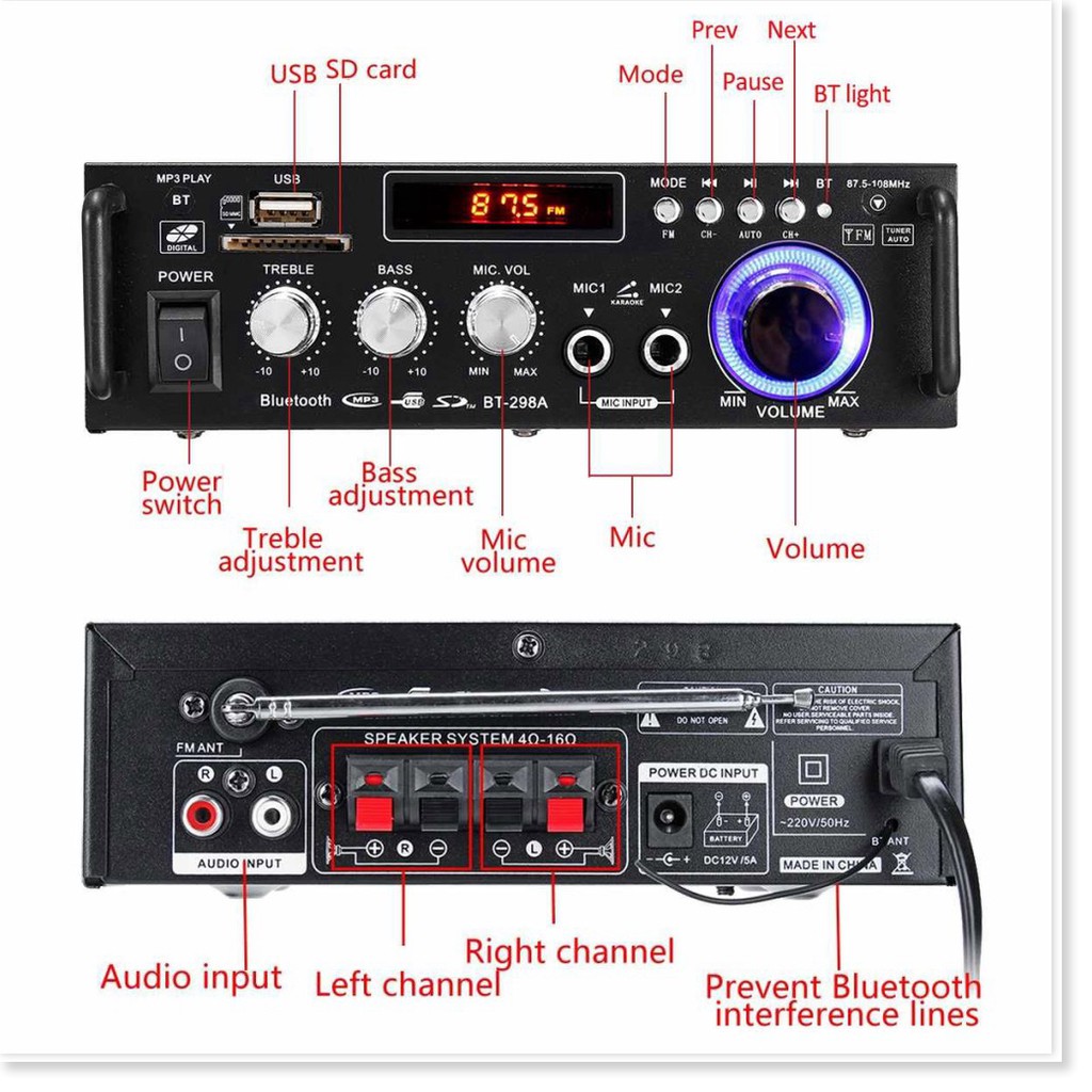 ⚡12V 220V BT-298A 2CH LCD Display Digital HIFI Audio Stereo Power Amplifier Bluetooth FM Radio Car Home 600W 👉 HD Plaza