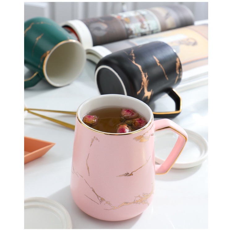 Cốc Uống Cafe Sứ, Ly Sứ Uống Trà Văn Phòng 400ml Có Nắp Kèm Thìa Sang Trọng
