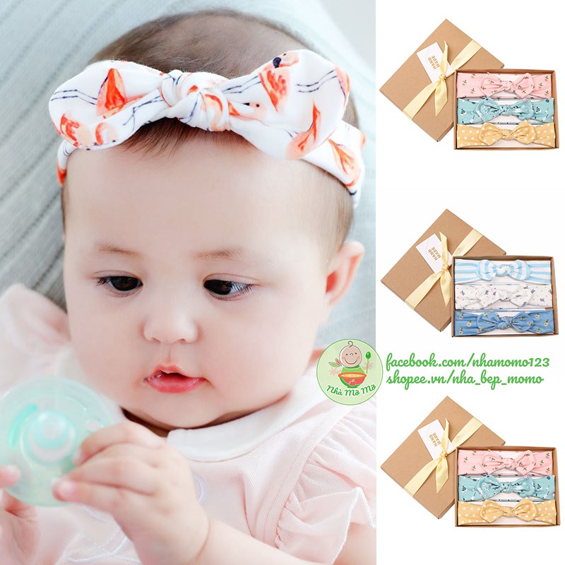 Set 3 Băng Đô / Turban Thắt Nơ Vải Cotton Handmade Dễ Thương Cho Bé Gái - Nhà Mỡ Mỡ