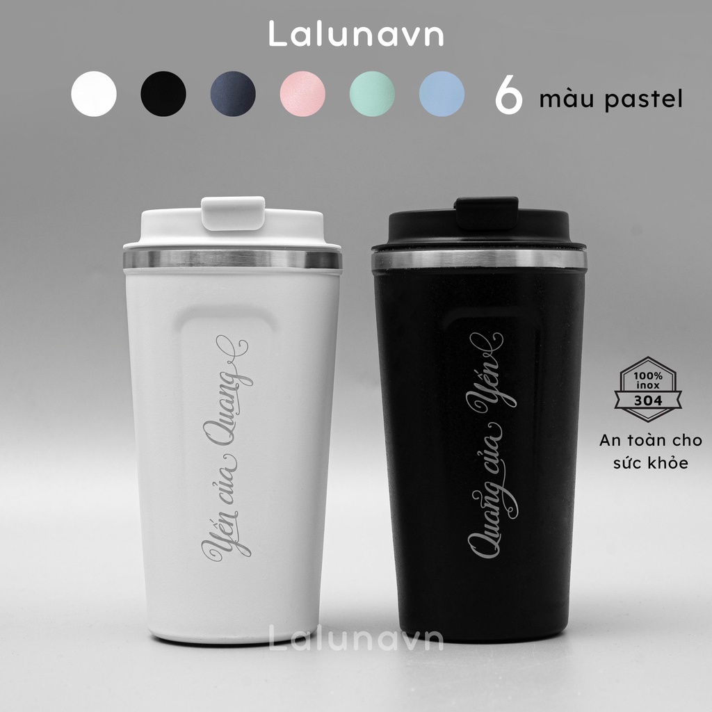 Cốc giữ nhiệt Cặp đôi KHẮC TÊN 510ML 6 màu Pastel cốc coffee Lalunavn inox 304 bình giữ nhiệt 8-12h tặng sticker