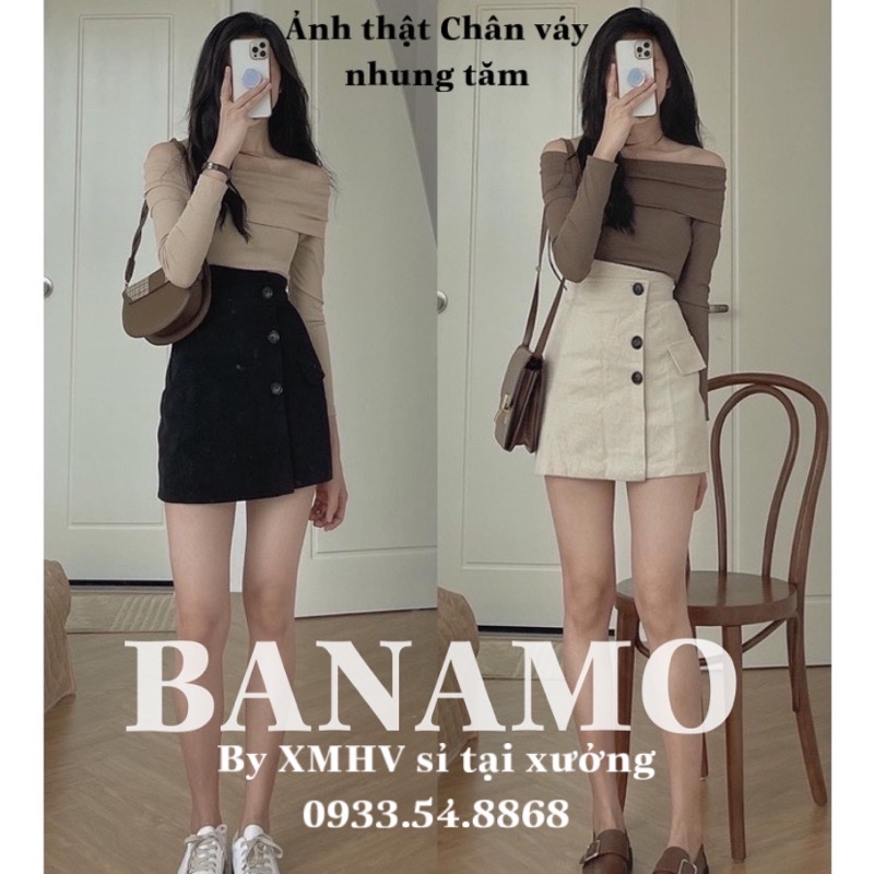 Chân váy cạp cao vải nhung tăm độc lạ 3 khuy tôn dáng BANAMO FASHION 551 | BigBuy360 - bigbuy360.vn