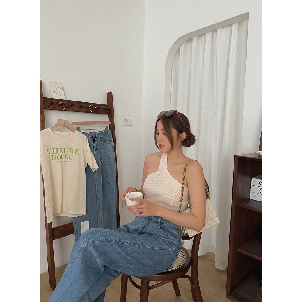 Áo mongtoghi khoét lệch vai dây chéo len tăm A-3001