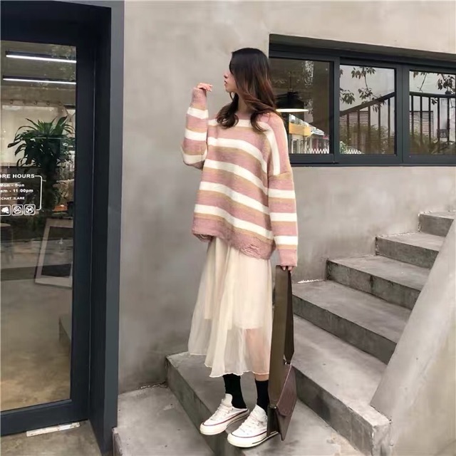 Áo len freesize kẻ ngang. Ảnh thật ở cuối.