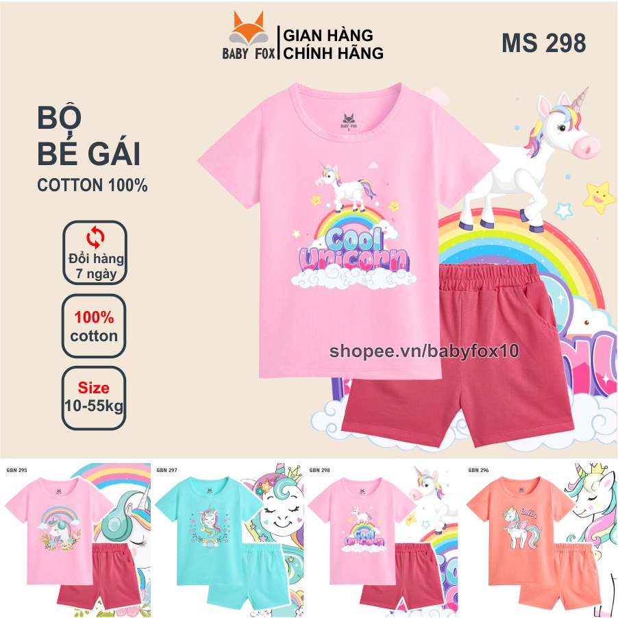Bộ thun bé gái 100% cotton cao cấp, thương hiệu BABY FOX, in hình Unicon, size nhỏ, trung, đại i