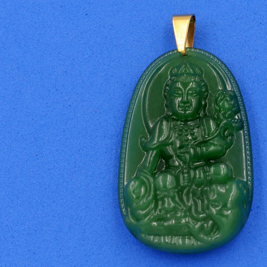 Mặt dây chuyền Phổ Hiền Bồ Tát đá tự nhiên xanh 4.3cm - Phật bản mệnh tuổi Thìn, Tỵ - Tặng kèm móc inox