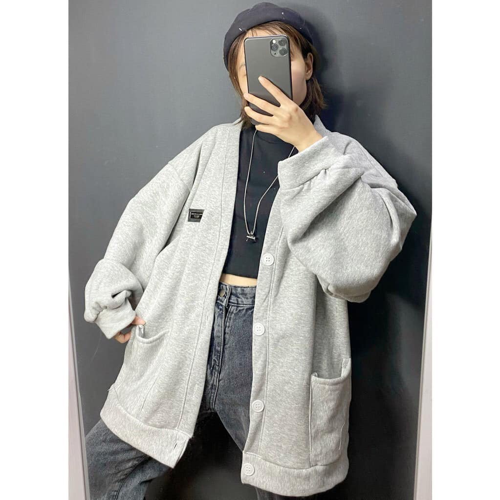 Áo Khoác Cadigan Nỉ Xám Logo Áo Khoác Nỉ Ngoại Mềm Mịn Form Rộng Unisex