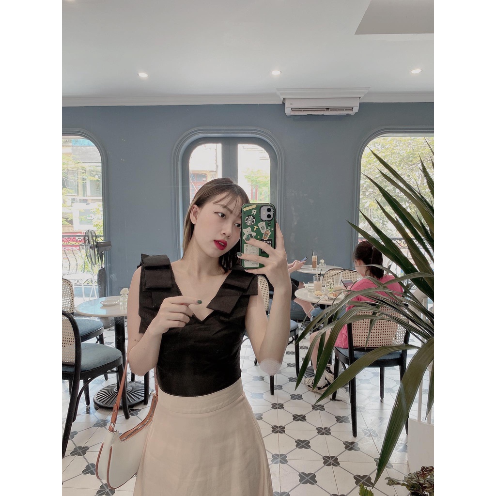 Hàng thiết kế áo tafta dây nơ NHG 𝑹𝒐𝒛𝒆 𝑩𝒍𝒂𝒄𝒌 𝑻𝒐𝒑