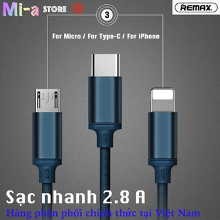Dây Cáp sạc nhanh REMAX USB 3 đầu tốc độ 2.8 A chuẩn iphone micro type C