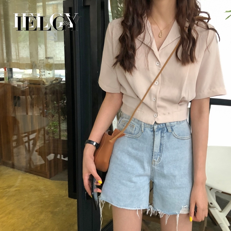 Áo sơ mi IELGY cổ V tay ngắn dáng rộng thời trang