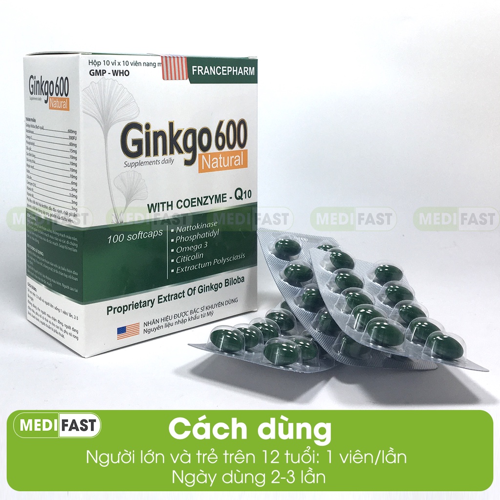 Viên uống hoạt huyết dưỡng não Ginkgo 600 Natural hộp 100 viên, tăng cường máu não, bền thành mạch có thêm sữa ong chúa