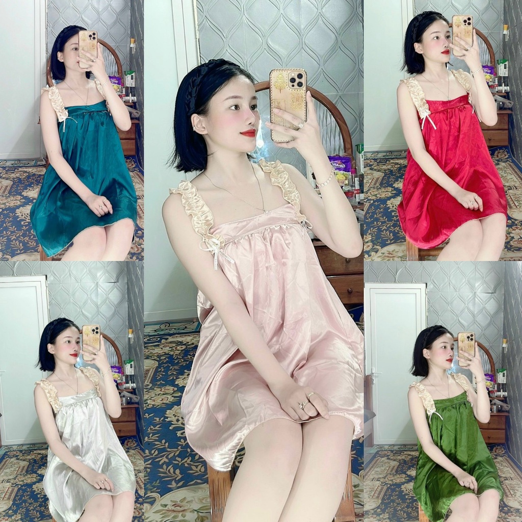 đầm ngủ 2 dây bèo vai vải phi lụa họa tiết trơn freesize dưới 58kg tùy chiều cao