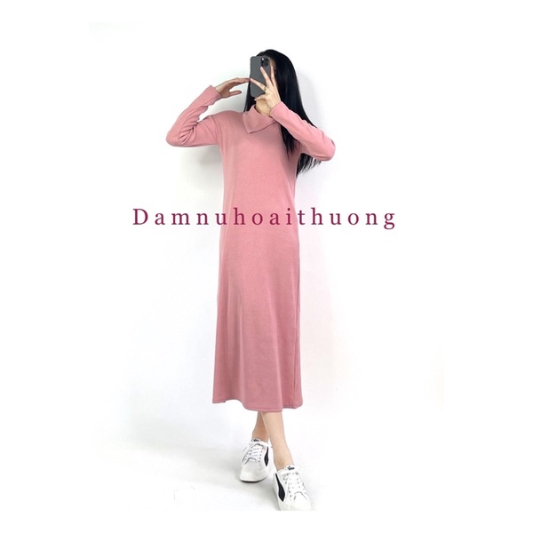 Váy nữ suông thu đông cổ kiểu 2 màu hồng ruốc và đen - Đầm nữ Hoài Thương