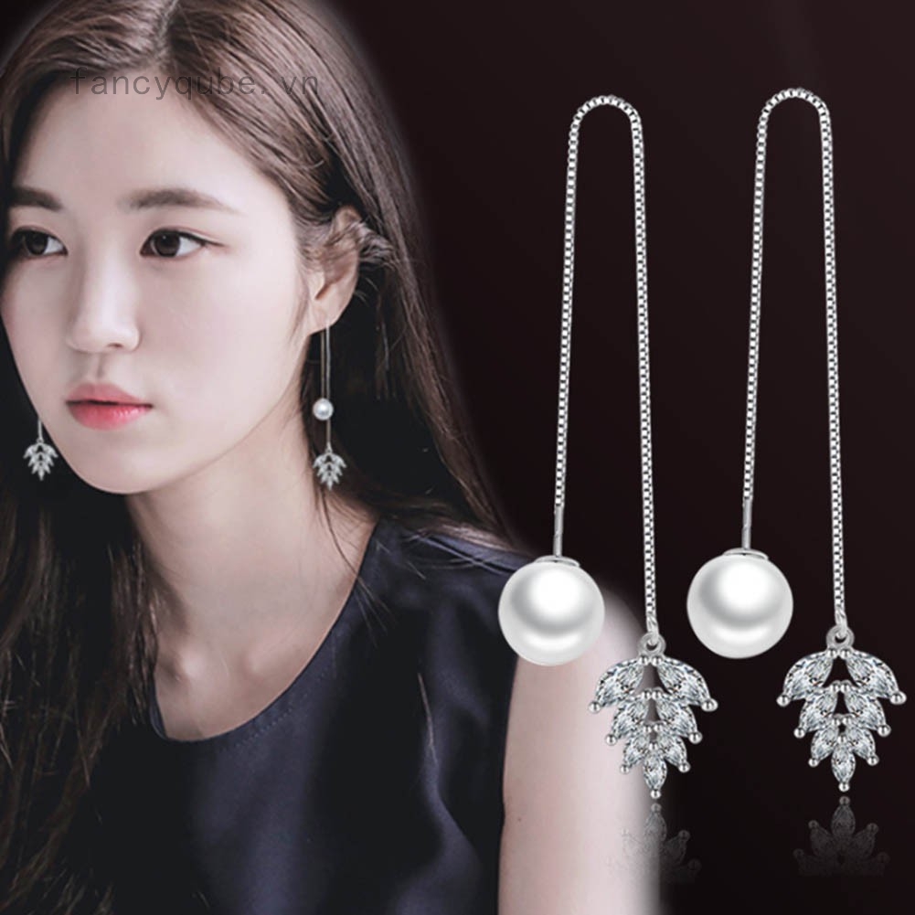 Hoa tai dáng dài mặt hình lá phối ngọc trai thanh lịch