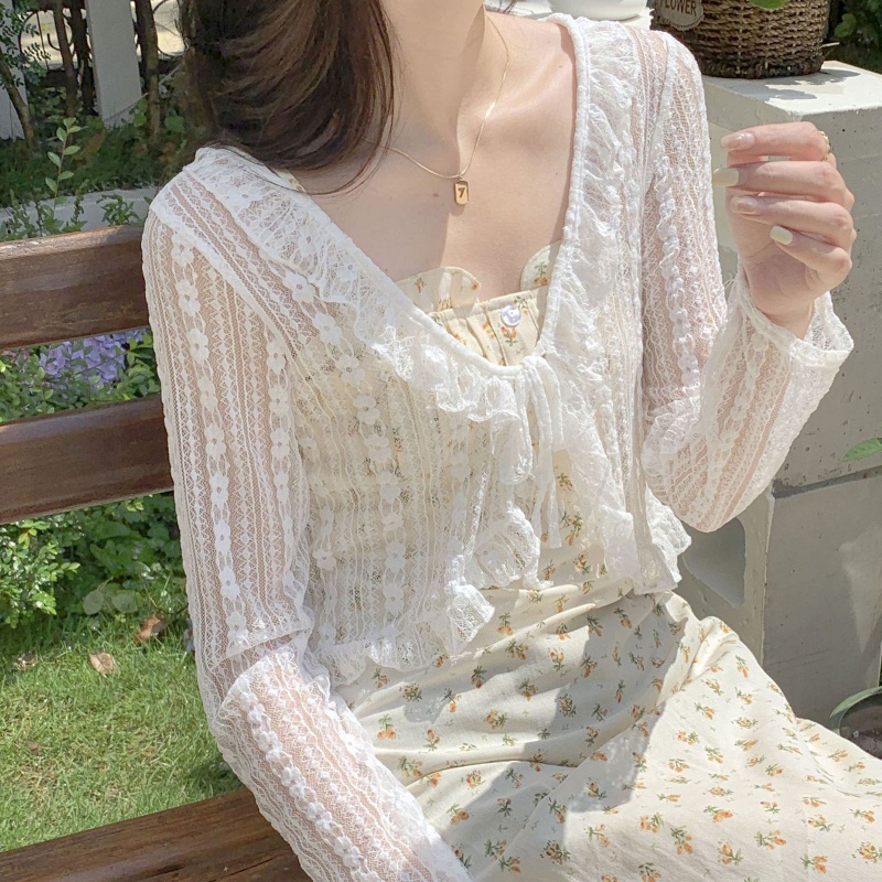Áo Khoác Cardigan Tay Dài Phối Ren Lưới Thời Trang Cho Nữ
