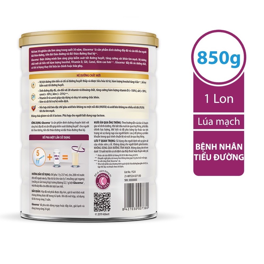 [HSD T7-2023] Sữa bột dành cho người bị tiểu đường Glucerna Abbott Vani - Hộp 850gr