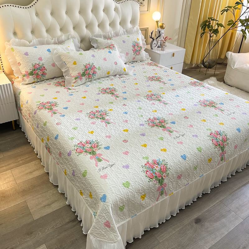 Ga gối bèo ren cotton, ga phủ trần bông có viền bèo họa tiết phong cách Hàn quốc