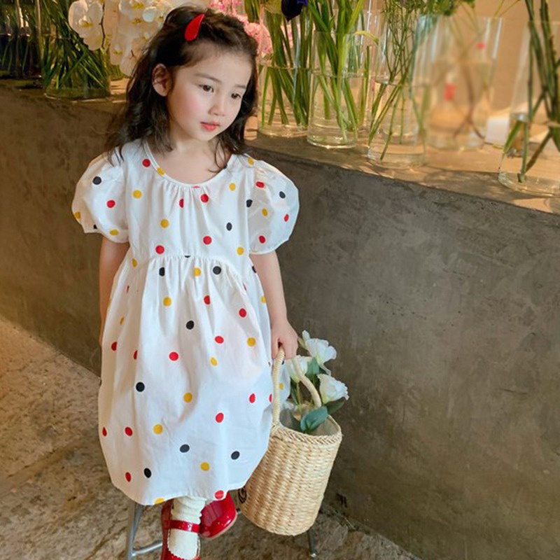 Đầm Công Chúa Tay Phồng Cổ Tròn Eo Cao Họa Tiết Chấm Bi Dễ Thương Phong Cách Hàn Quốc Thời Trang Mùa Hè Cho Bé Gái