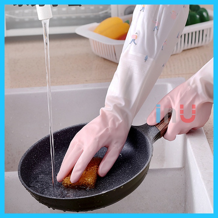 HCM - Găng tay dài rửa chén có thun chống tuột màu Pastel phối trắng có lót nhung và không nhung