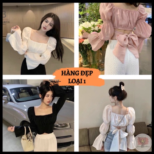 Áo Croptop Cổ Vuông Nhún Tay Nơ Lưng Bánh Bèo Xinh Xắn - AK0059 | steven.factory