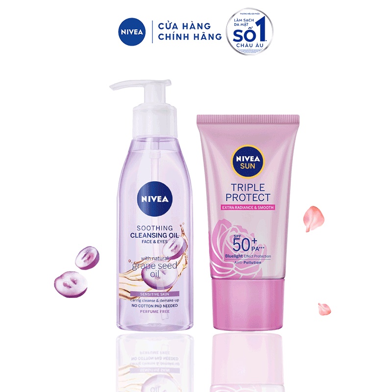 Bộ chăm da khỏe tối giản hằng ngày NIVEA: Kem Chống Nắng SPF50+ 40ml &amp; Dầu sữa tẩy trang hạt nho 150ml