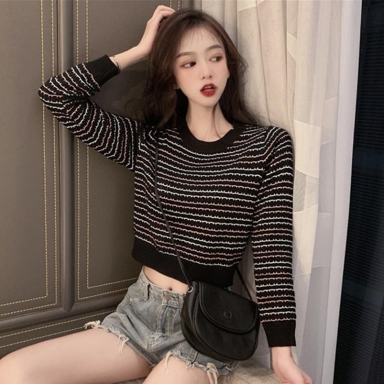 Áo thun sweater Hàn Quốc dài tay sọc trắng đen dành cho nữ  ྇