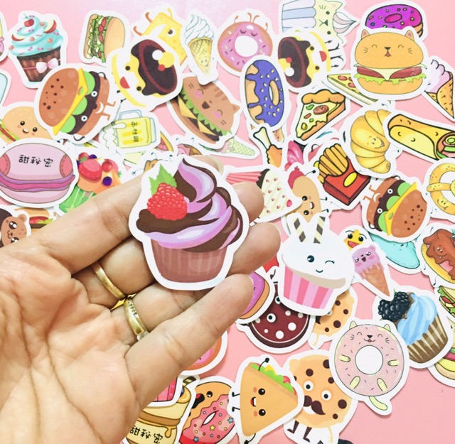Bộ 30-50 Sticker hình bánh kem ép lụa  , Sticker food xinh dễ thương