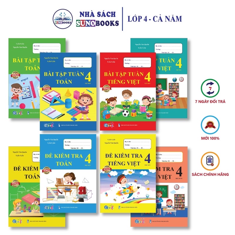 Sách - Trọn Bộ Bài Tập Tuần, Đề Kiểm Tra Toán và Tiếng Việt Lớp 4 - Cả năm học (8 quyển)