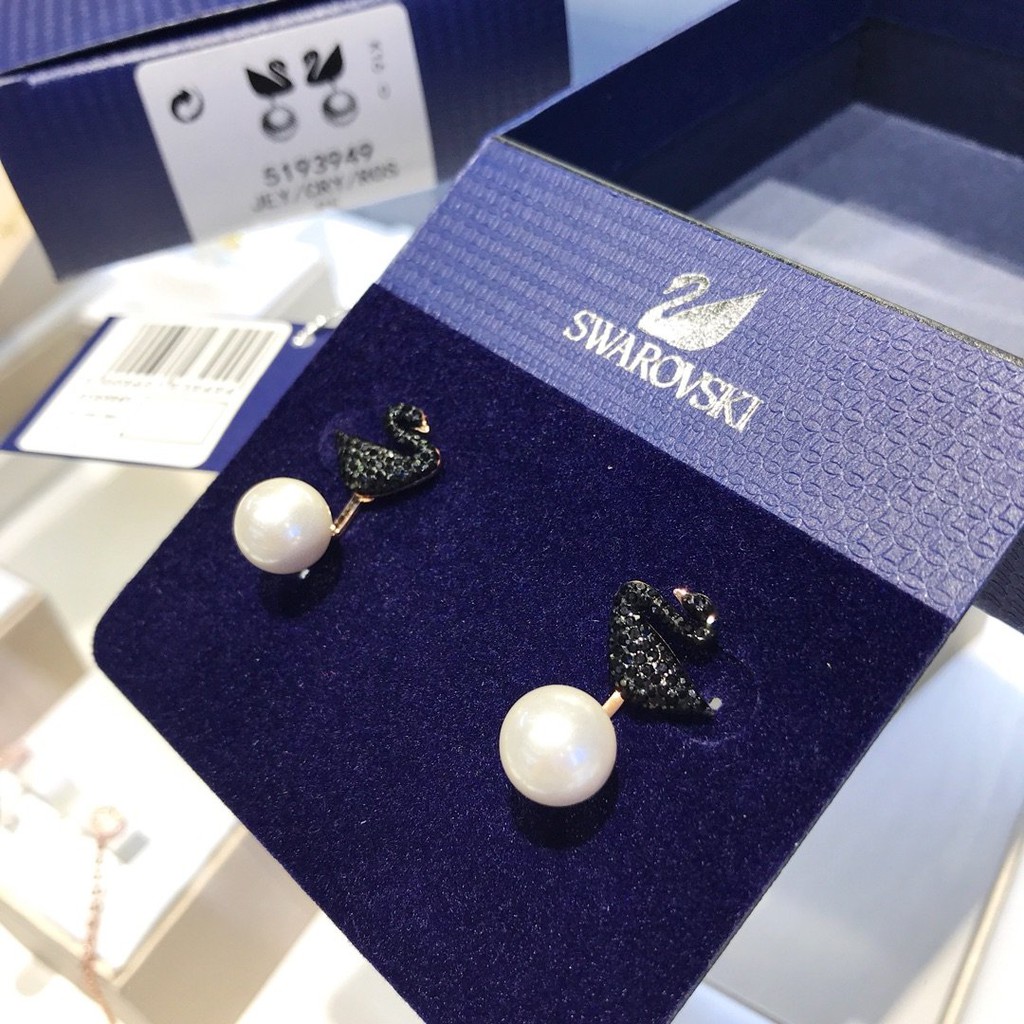 [Original] ICONIC SWAN pierced earrings with Swarovski rose gold and pearl earrings with black SWAN S925 silver