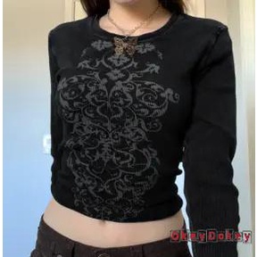 Áo thun tay dài cổ tròn hở rốn in họa tiết cổ điển thời trang mùa thu cho nữ