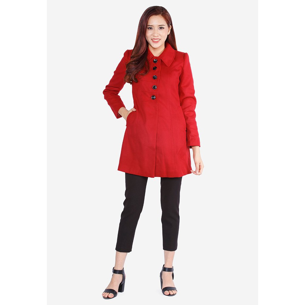 Áo măng tô 2 lớp tay dài dạ lì đỏ đô cổ nam không chân 5 khuy The One Fashion AKH042DD