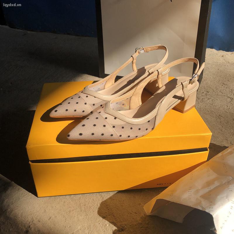Giày gót cao trung bình mũi nhọn họa tiết chấm bi thời trang mùa hè mới 2021 cho nữ