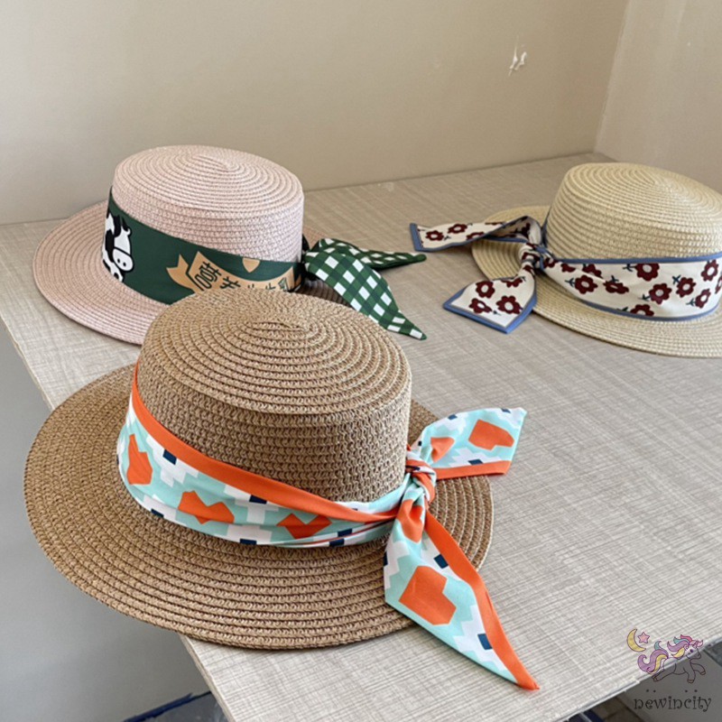 Mũ cói bé gái phối ruy băng cột nơ thời trang phong cách Hàn Quốc