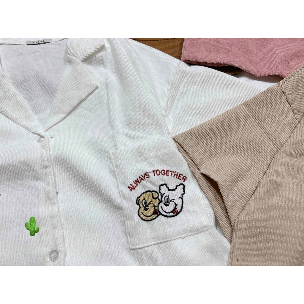 ÁO SƠ MI NỮ TAY NGẮN DÁNG CROPTOP CHẤT NHUNG GÂN SIÊU DÀY DẶN, DỄ THƯƠNG XINH XẮN