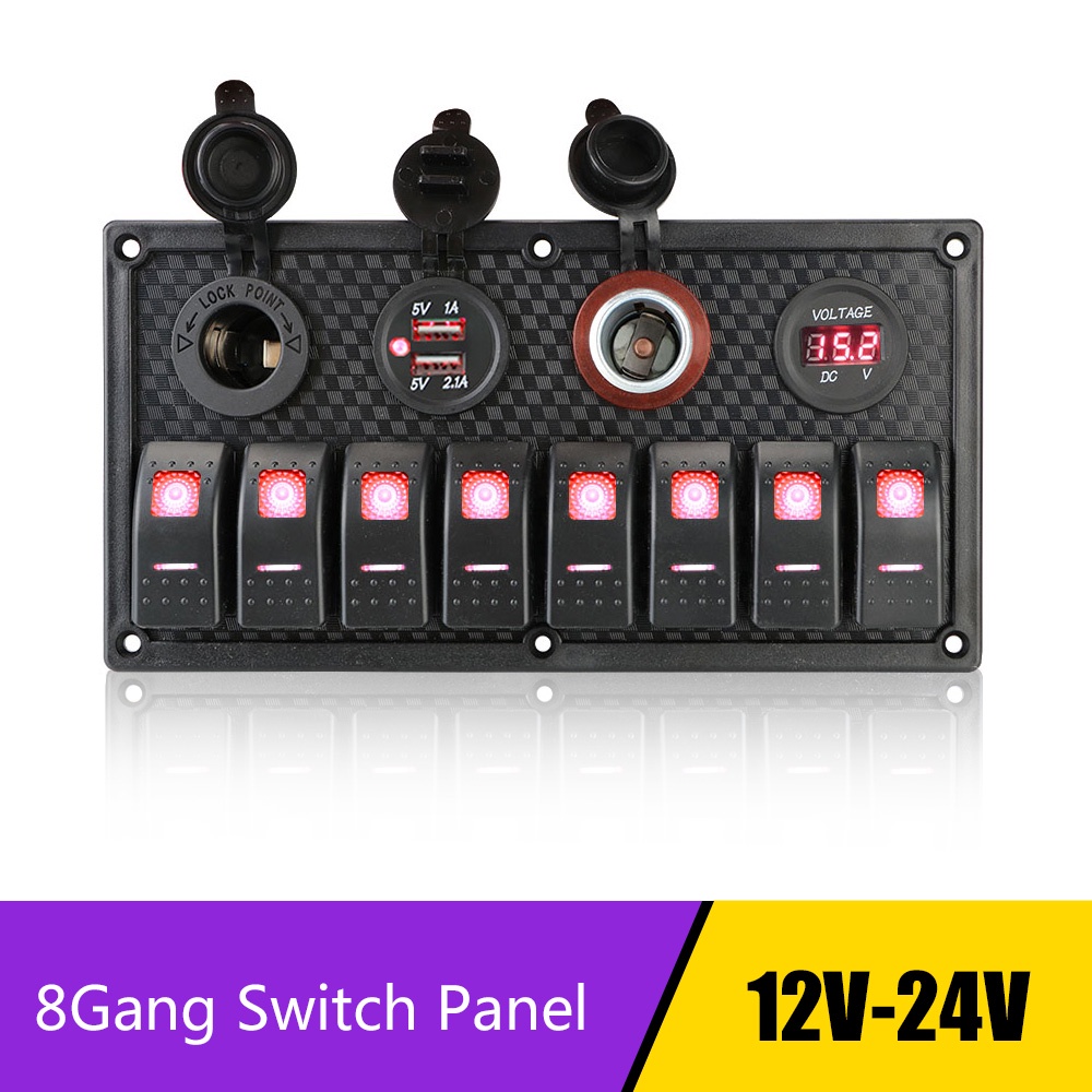 Vôn kế kỹ thuật số hai cổng USB 12V/24V tích hợp đèn LED và bảng điều khiển 8 nút bấm cho xe hơi