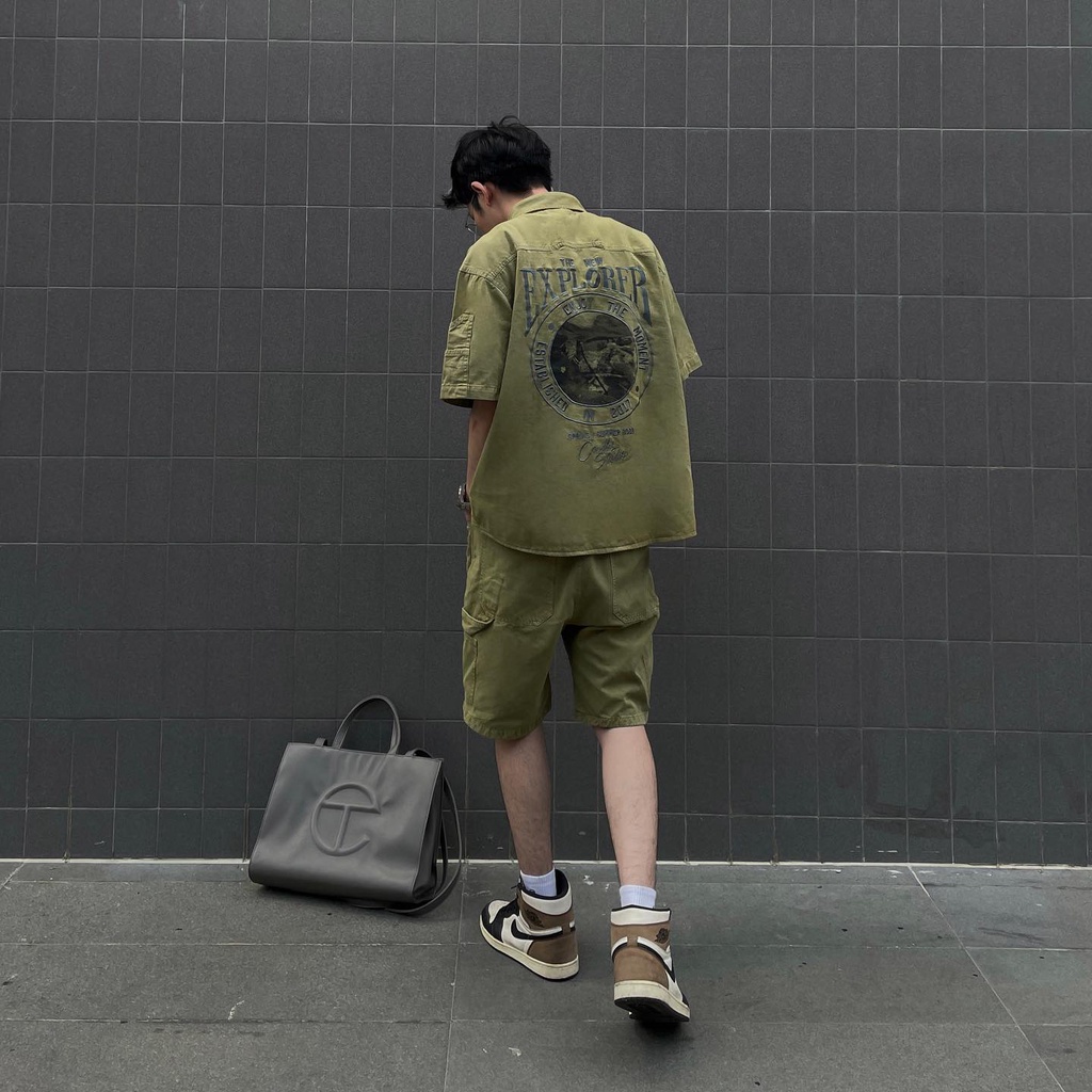 Áo sơ mi nam nữ oversized fit CANDLES TNE DOUBLE KNEE hình in sắc nét kết hợp thêu nổi Kaki 10oz chính hãng