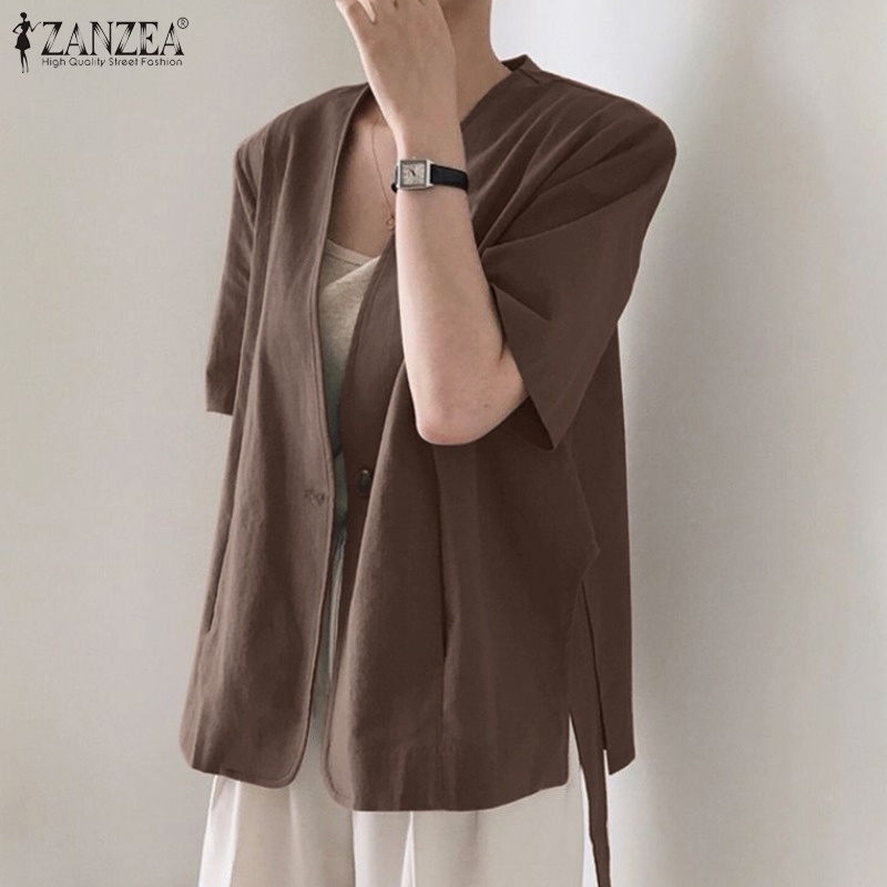 Áo khoác blazer ZANZEA tay lửng cổ chữ V phong cách Hàn Quốc thời trang dành cho nữ