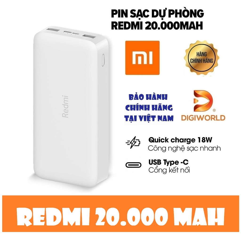 Pin Sạc Dự Phòng Xiaomi Redmi 20000mAh PB200LZM - Hàng Chính Hãng DGW - Sạc Nhanh 18W Micro USB & Type-C | VXN4285GL