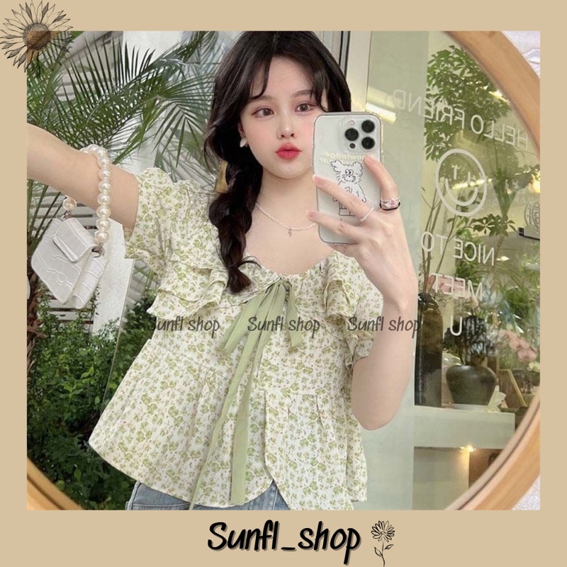 Áo kiểu baby doll hoa nhí xanh phối nơ bèo