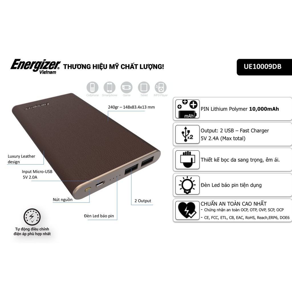 Pin sạc dự phòng Energizer 10000mAh Li-Po 2 cổng Output Luxury Leather - UE10009