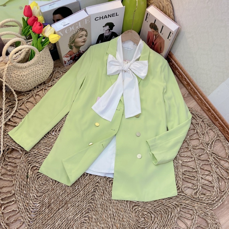 ảnh thật/hàng sẵn/Áo khoác vest blazer 2 hàng cúc vàng màu xanh bơ mẫu 2022