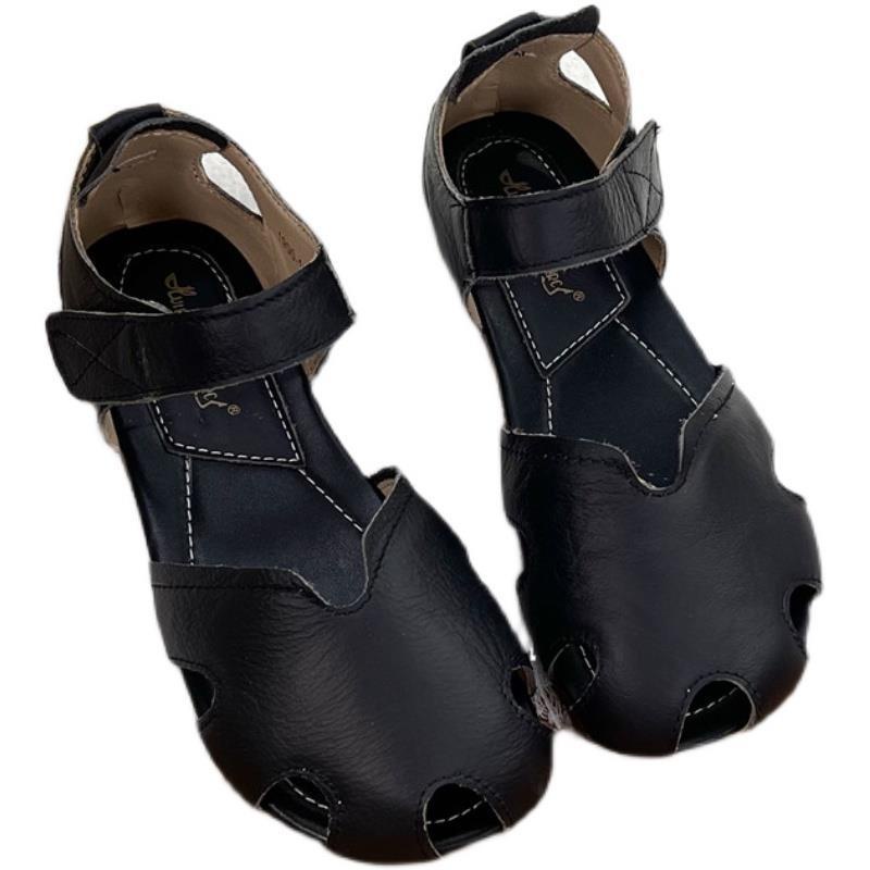 Xăng đan Da Đế Bằng Mũi Tròn Khoét Lỗ Phong Cách Roman Cho Nữ