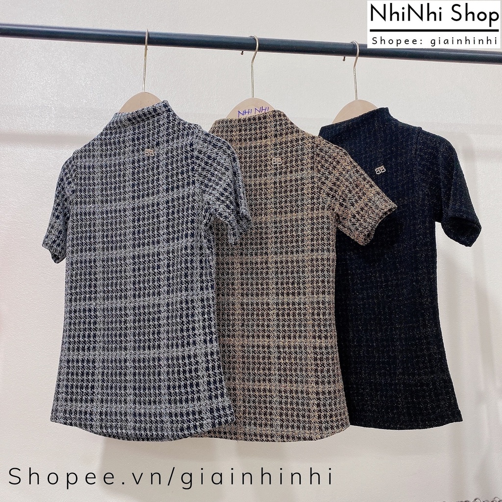 Áo nhũ kẻ cổ cao 3P dáng ôm ngắn tay, Áo kiểu cổ leo tag cài rời AN5211 - NhiNhi Shop