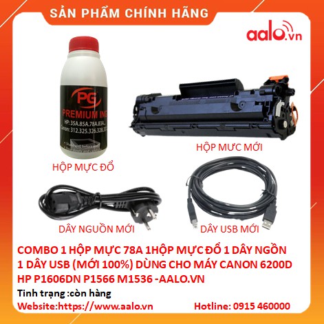 COMBO 1 HỘP MỰC 78A 1HỘP MỰC ĐỔ 1 DÂY NGỒN 1 DÂY USB  DÙNG CHO MÁY CANON 6200D HP P1606DN P1566 M1536 -AALO.VN