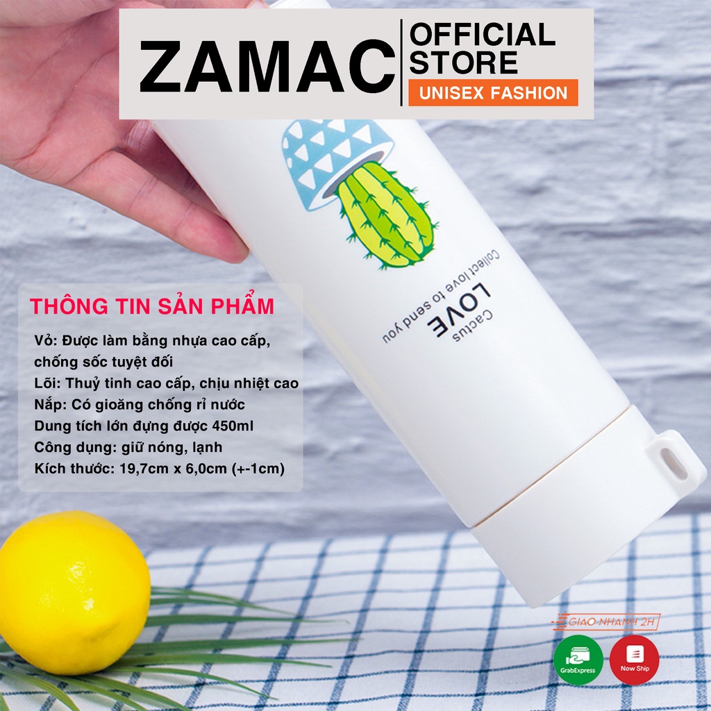 Bình đựng nước ZAMAC chất liệu thuỷ tinh cao cấp in hình xương rồng - ZMB0001