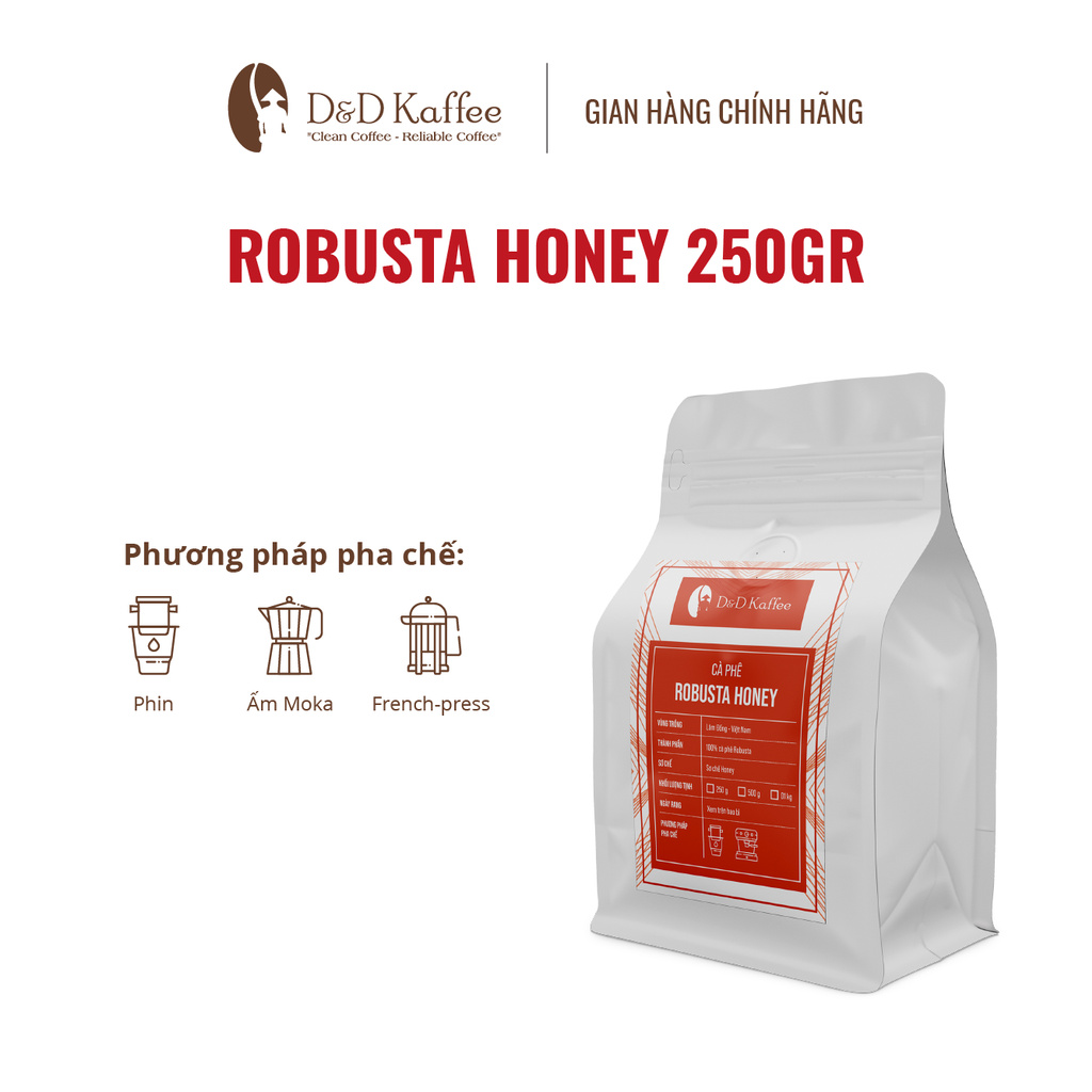 Cà phê Robusta Honey, Cà phê nguyên chất 100% - D&D Kaffee [Tặng 3 Gói CF túi lọc khi mua 2 gói 500gr]