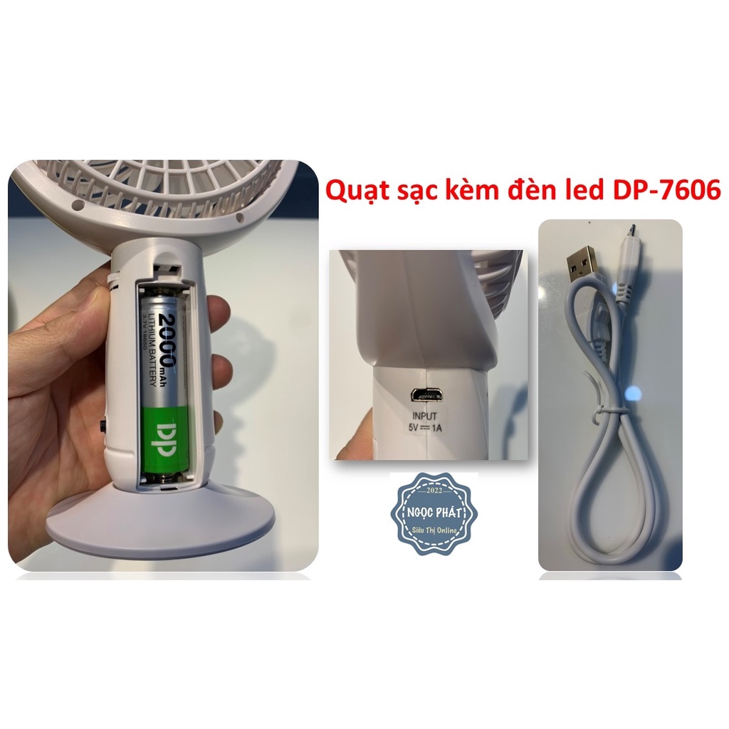 QUẠT SẠC TÍCH ĐIỆN, KÈM ĐÈN LED CHIẾU SÁNG - DP 7606 – ĐỂ BÀN HOẶC CẦM TAY (DP Electronic nổi tiếng chất lượng)